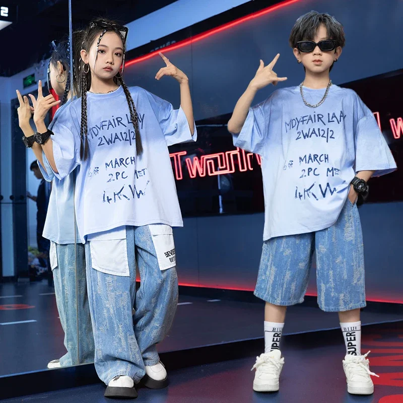 Ragazze Streetwear Street Dance Cargo Jeans Vestiti per bambini Hip Hop Ragazzi Cool Camicia Gilet di jeans Pantaloncini strappati Set Costume di scena per bambini