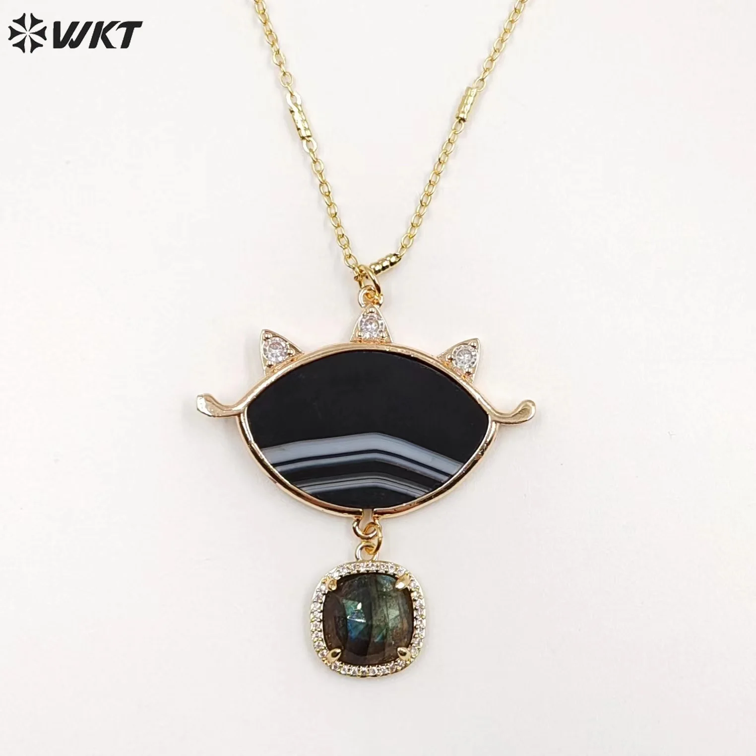 WT-N1444 New Design Amazing Slice Agate Stone Eye Healing Lucky Necklace With 18 Inch Long Gold Plated Chain