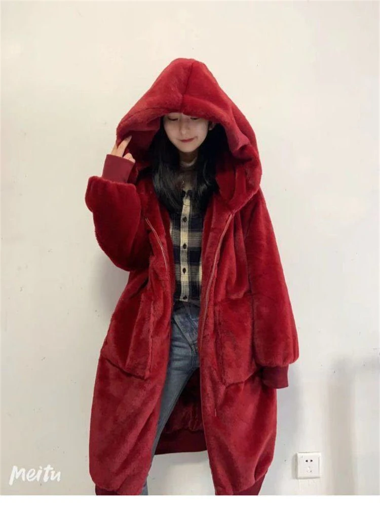 Hooded Thicken Faux Rabbit Fur Overcoats Korean Winter Warm Mid-length Coats High Quality Plush Chaquetas Women Furry Jackets