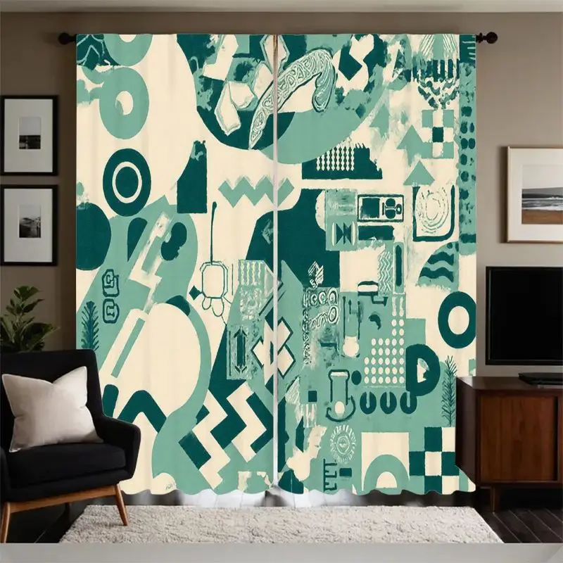 Retro abstract geometric pattern curtains, with a pole bag design, suitable for use in bedrooms, living rooms and offices