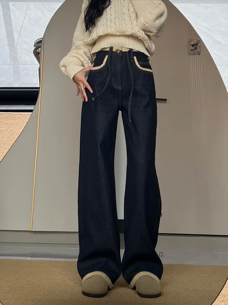 الشتاء التشفيه المخملية الجينز للنساء الرجعية عالية الخصر الدافئة واسعة الساق الدنيم السراويل التباين سميكة مستقيم الساق السراويل