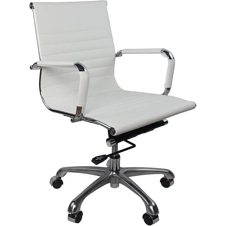 

Executive Office Task Chair (Mid-Back White PU Leather Ergonomic Adjustable Headrest Home/Office Aluminum Frame)"
