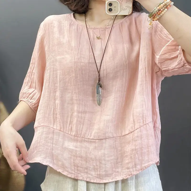 Women Summer Simplicity Elegant Loose Pleated Solid Color O-neck Short Sleeve Shirts Women Clothes Casual All-match Trend Tops