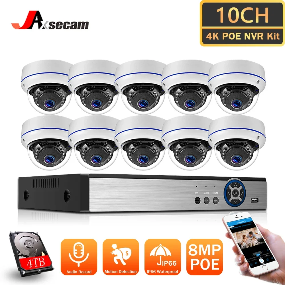 10CH POE NVR Dome 4K 8MP POE IP Camera Home Outdoor Day Night Camera Security System Audio Record CCTV Video Surveillance Kits