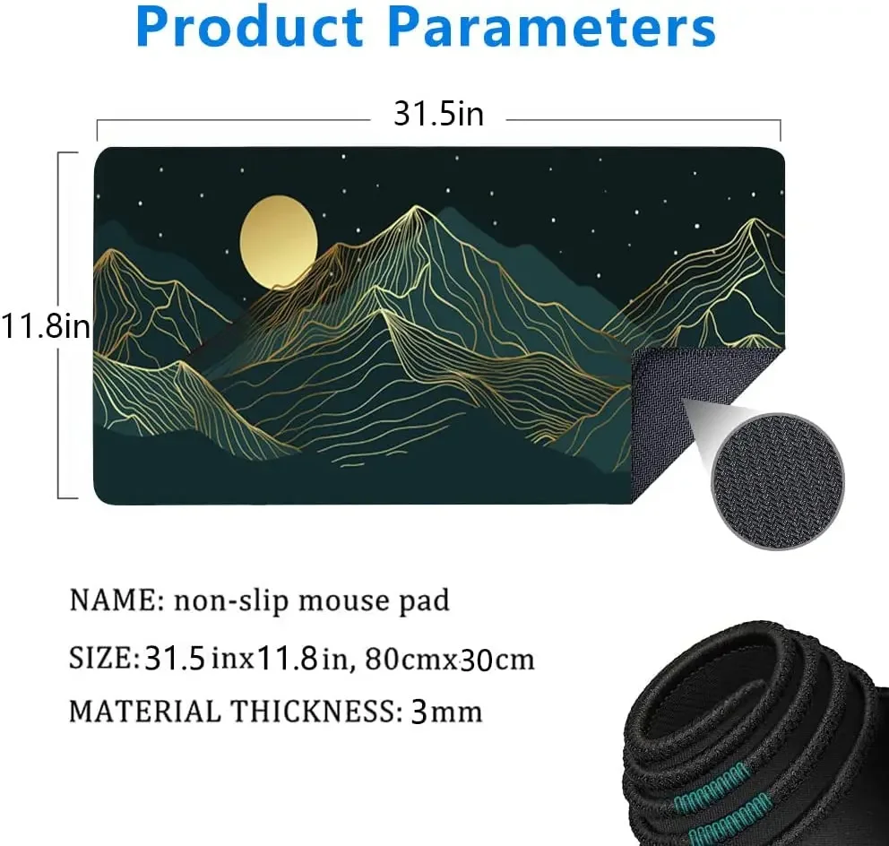 لوحة ماوس كبيرة Golden Mountain Line Arts كبيرة XL حصيرة مكتبية ممتدة مقاومة للماء مع حواف مخيطة 31.5 × 11.8 بوصة