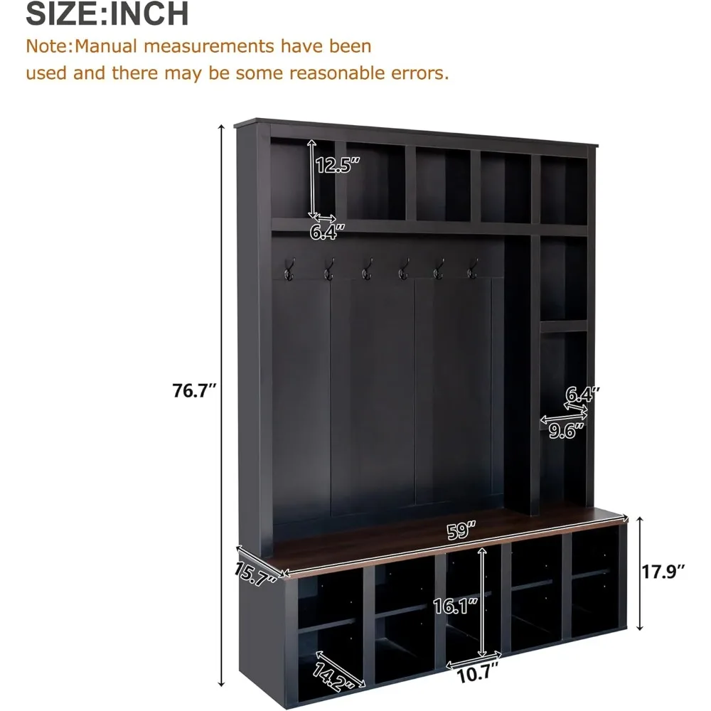 شجرة قاعة خشبية بيضاء 4 في 1 مع مقعد من خشب الجوز، 6 خطافات، أرفف قابلة للتعديل، 13 حجرة لتخزين خزانة الأحذية في المدخل