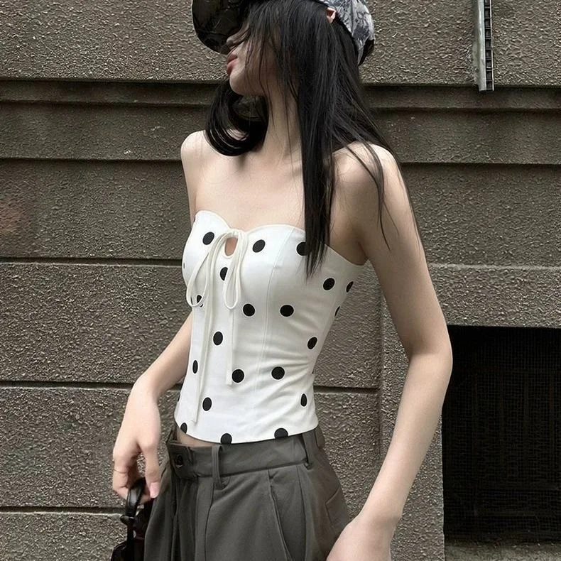Kimotimo Sexy Polka Dot Strapless Vests Women American Retro Sleveeless Slim Fit Crop Top Street Y2k Aesthetic Vacation Tanks