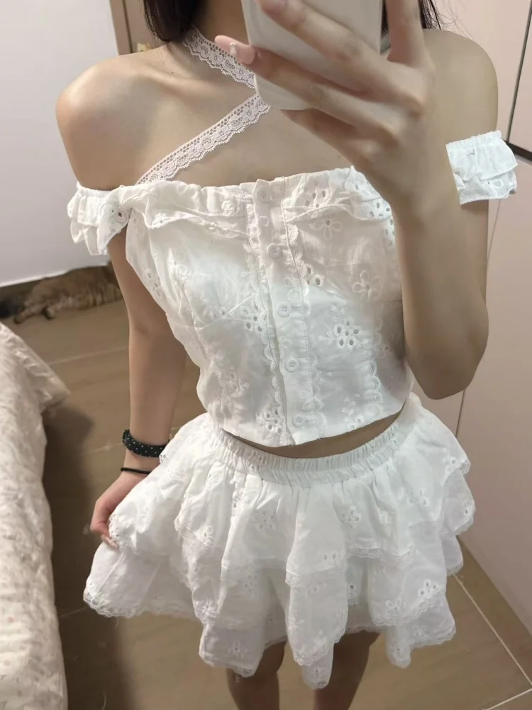 

Korean Style Sweet Spicy Girl Pure Desire Ins One Shoulder Top Cake Skirt Summer New Women's Fashion Two-Piece Set