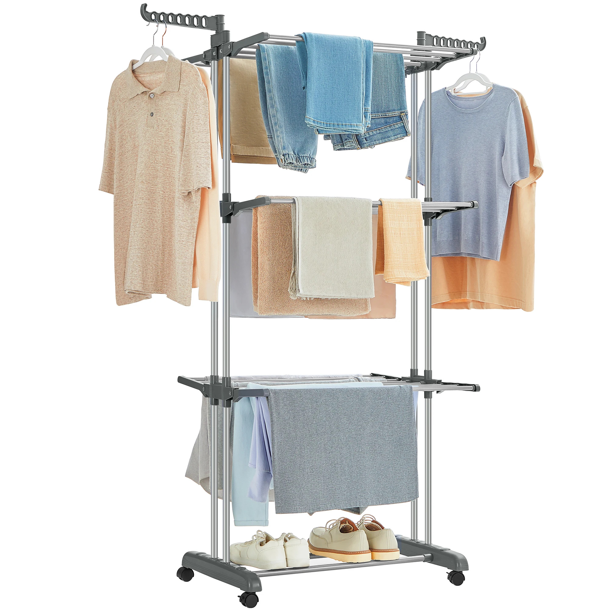 SONGMICS Tendedero grande para ropa, tendedero plegable para ropa, 4 niveles, caballo para ropa móvil, 64 x 126 x 172 cm