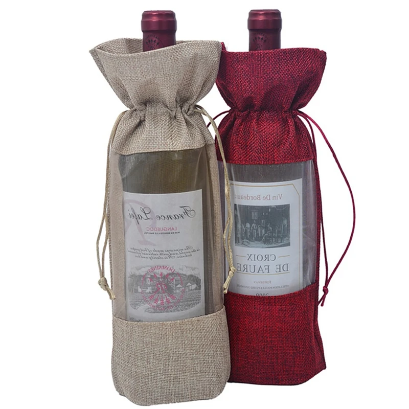 10Pcs Burlap Wine Bottle Bags Wine Bags With Sheer Window Hessian Drawstring Gifts Bags For Wine Tasting Party Favors