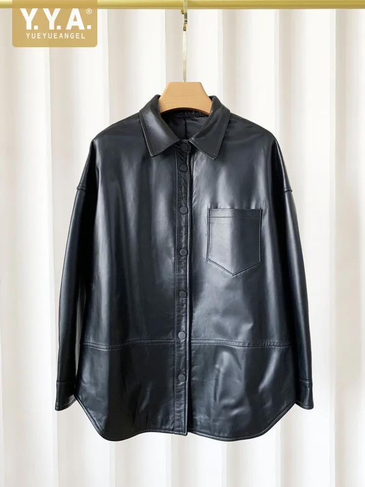Women Autumn Single Breasted Turn Down Collar Mid Long Windbreaker Coat Sheepskin Genuine Leather Long Sleeves Loose Fit Jackets