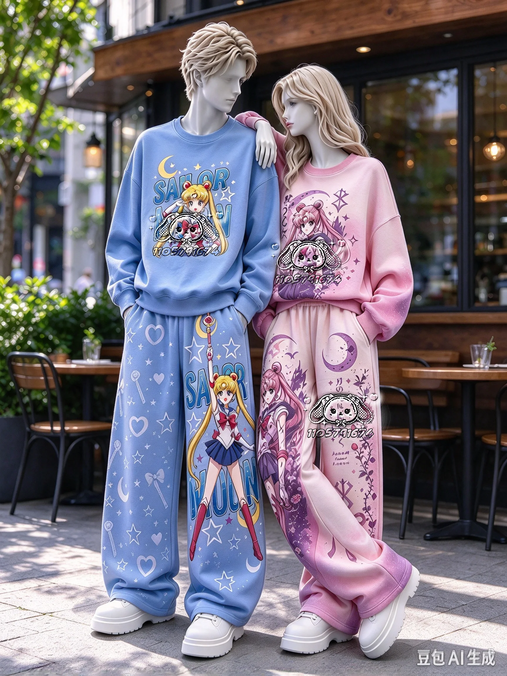 26/27 Sailor Moon Series Cartoon Print Crew Neck Sweatshirt Set Autumn Winter Sport Casual Couple 2 Piece Outfit FamilyMatching
