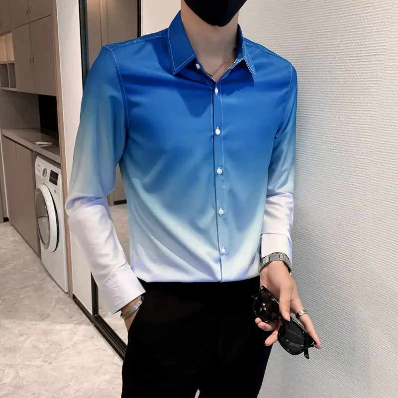Business Casual Summer Men\'s 2024 New Spliced Square Collar Button Solid Color Comfortable Fashion Casual Long Sleeved Shirts