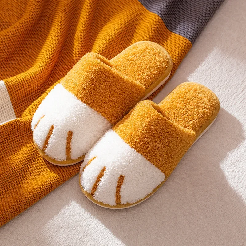 Autumn Winter Warm Cute Cat Paw Designer Plush Slippers House Women Fur Bedroom Lovers Slippers Floor Mute Indoor Fluffy Shoes