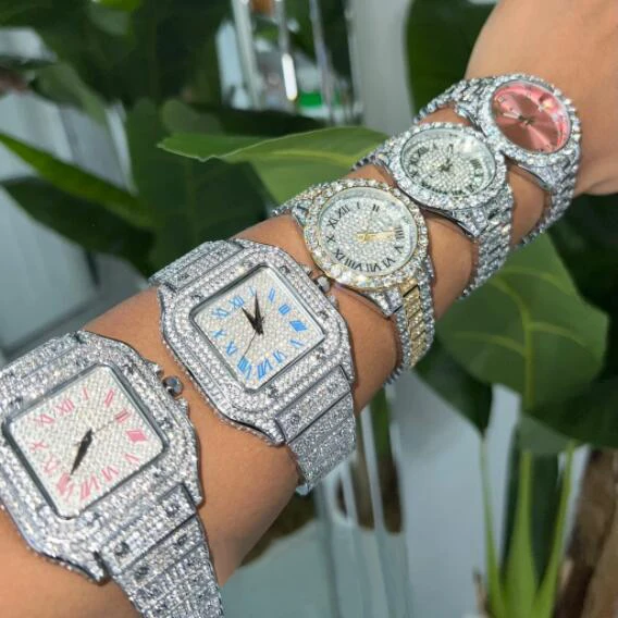 

2025 Fashion Jewelry Hip Hop Diamond Pearlescent Iced 's 's Quartz Luxury Pink Dial Women's Men's Watch
