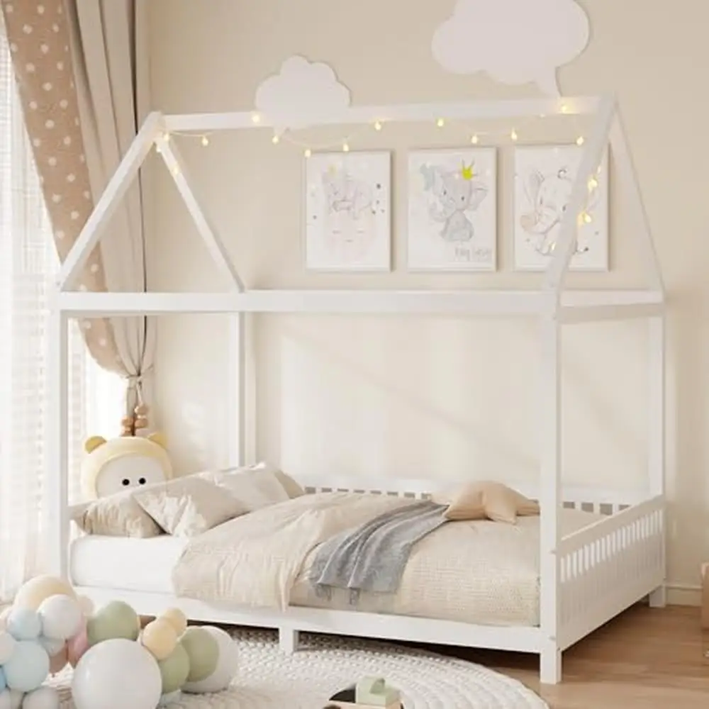 

Kids House-Shaped Twin Bed with LED Light Guardrail and No Box Spring Needed White Sturdy Pine Wood Construction Easy Assembly