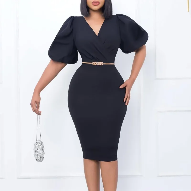 

Women Summer New Arrival Half Sleeved Design Sense Puff Sleeved Stylish V-Neck Zipper Upscale Solid Color Belt Office Lady Dress