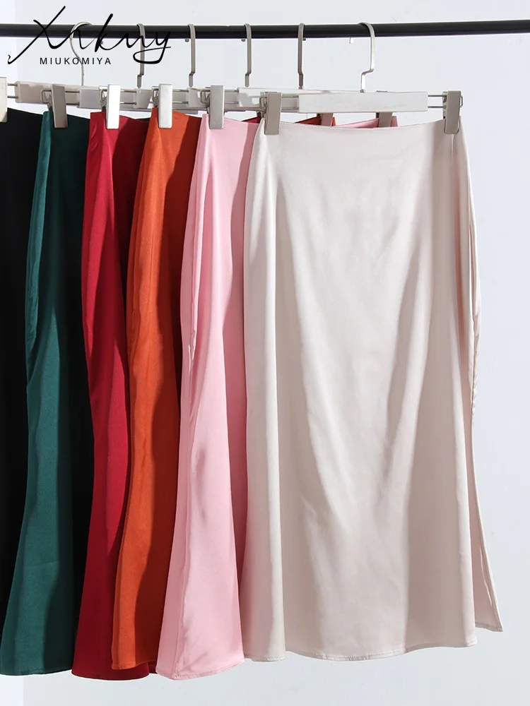 MiuKoMiYa High Waist Satin Skirts For Women Midi 2024 Summer Pink Elegant Skirt Evening Elestic Waist Women Silk Skirts Midi