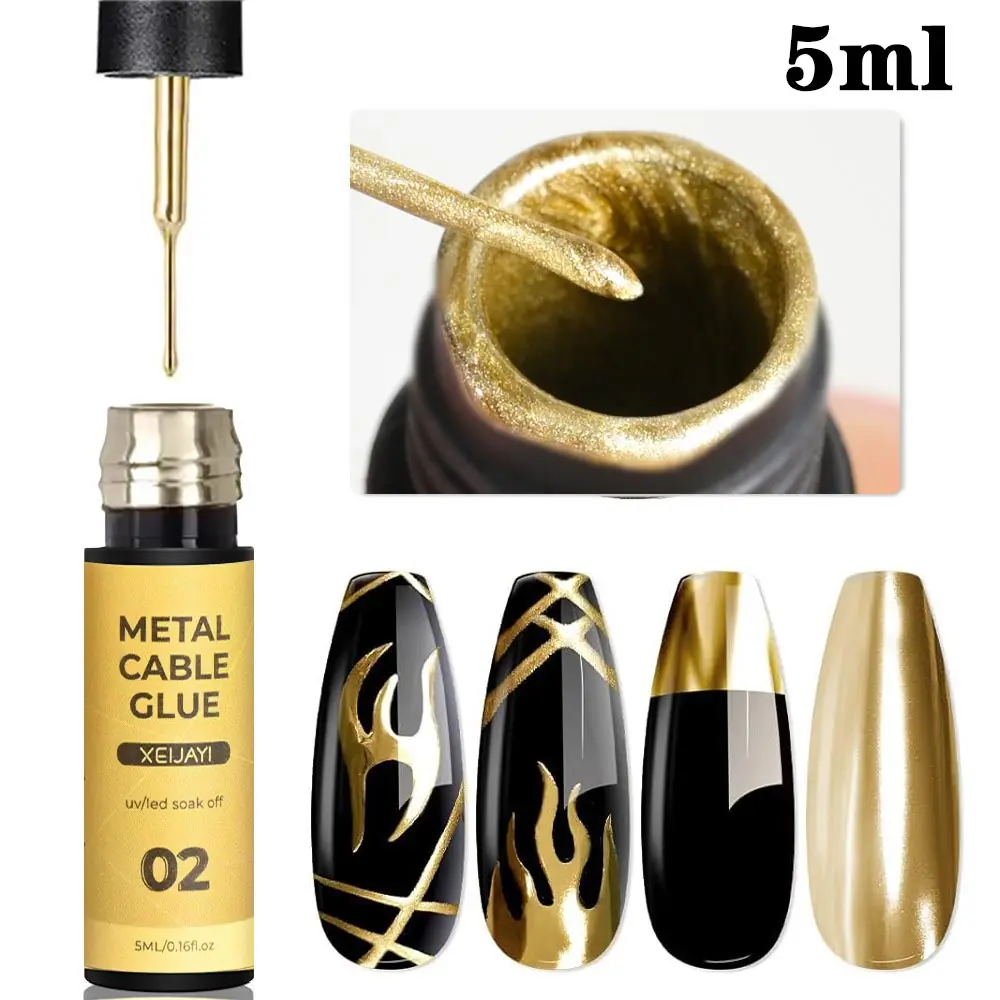 Gold Metallic Painting Nail Gel Liner Polish,3D Metal Mirror Effect Paint Drawing Nail Gel Build-in Brush Soak Off UV Chrome Gel