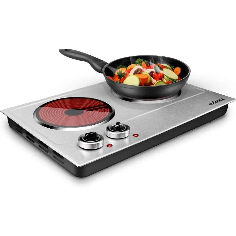 Ceramic Electric Hot Plate for Cooking, Dual Control Infrared Cooktop, Double Burner, Portable Countertop Burner