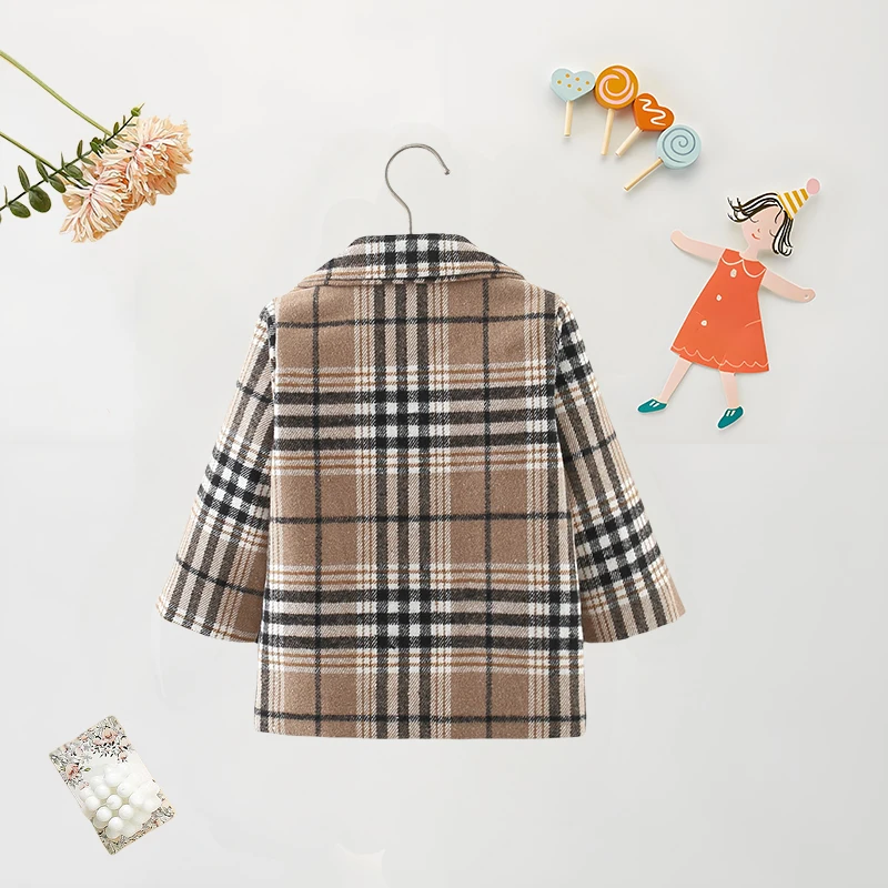 Autumn/Winter (0-1) Baby Girl Coat Baby Girl Fashion Checkered Collar Double Row Buckle Long Wool Coat Children's Jacket Coat