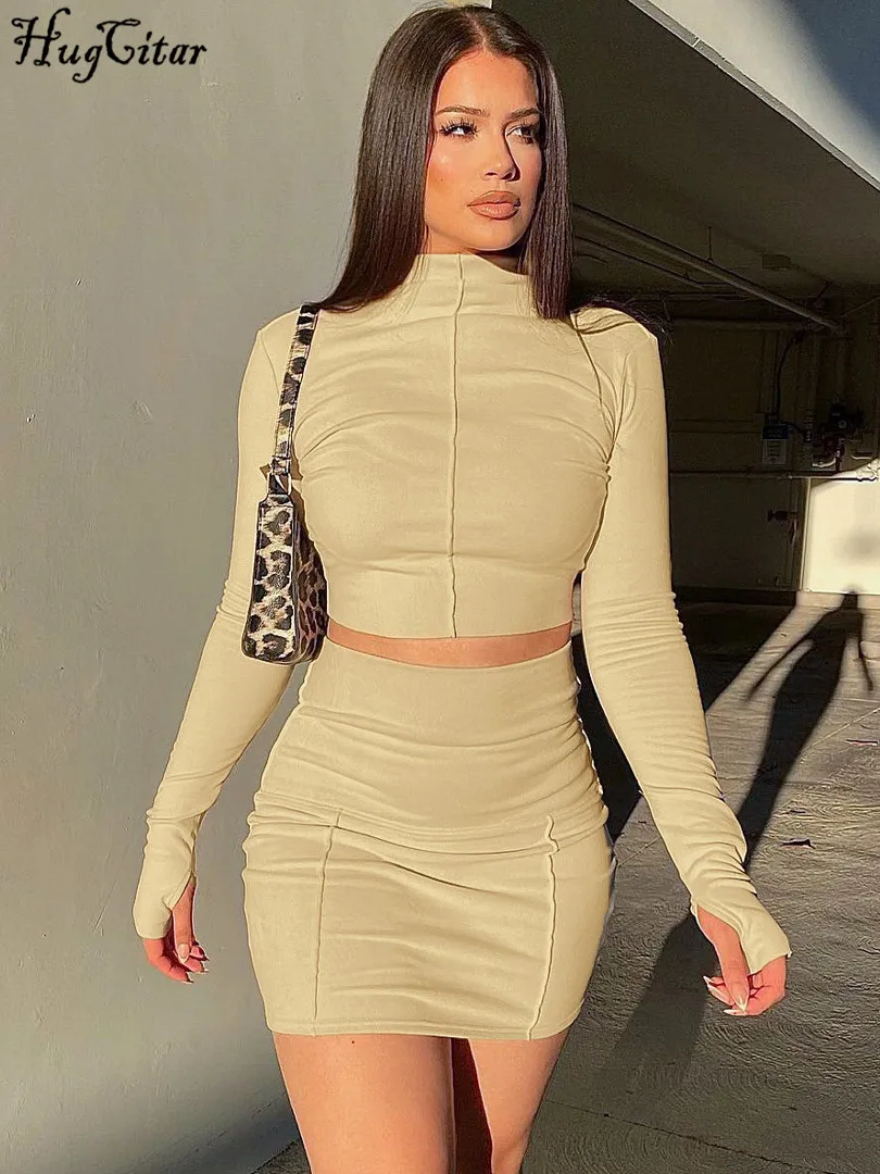 Hugcitar Spring Fashion 2 Pcs Set Solid O Neck Long Sleeve Bright Line Crop Top Skirt Sexy Women New Outfit Party Festival Y2K