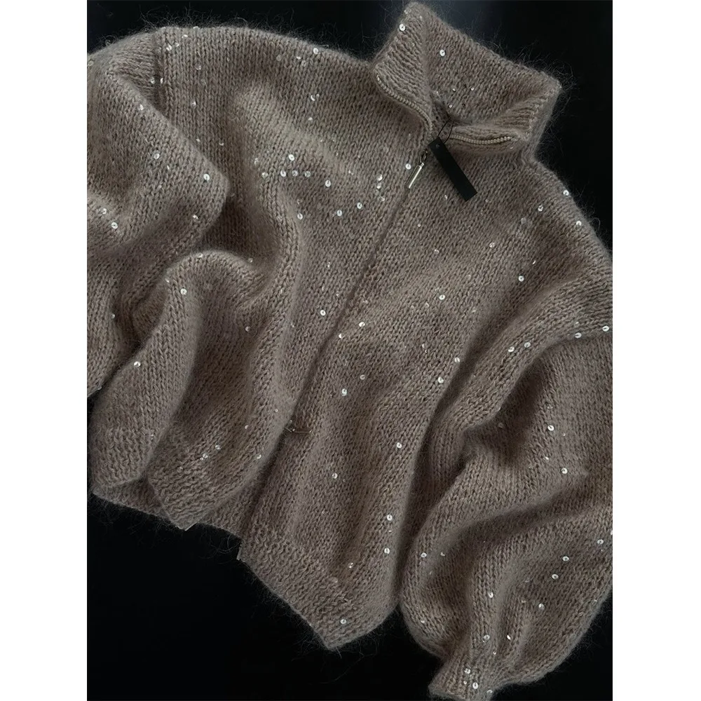 

Новый блестящий вязаный кардиган с блестками и воротником-стойкой, блестящее пальто с лацканами и длинными рукавами, вязаный свитер с блестками, осень-зима