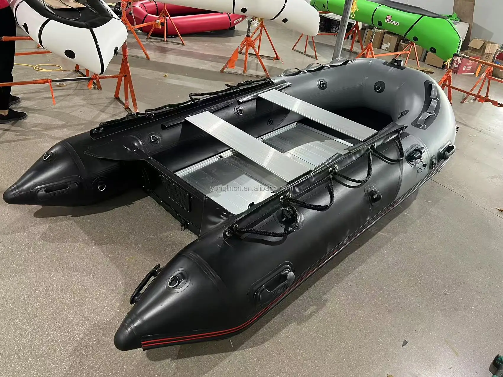 Hot Sale 380cm PVC Aluminium Floor Black Racing Boat Inflatable Fishing Boat For 6 Person