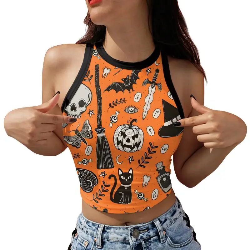 Nadanbao Damen-Crop-Top mit Geister-Kürbis-Print, kurze Weste mit Rosen-Totenkopf-Muster, sexy, schmales, ärmelloses Hemd, Halloween-Party-Top – Detail 25