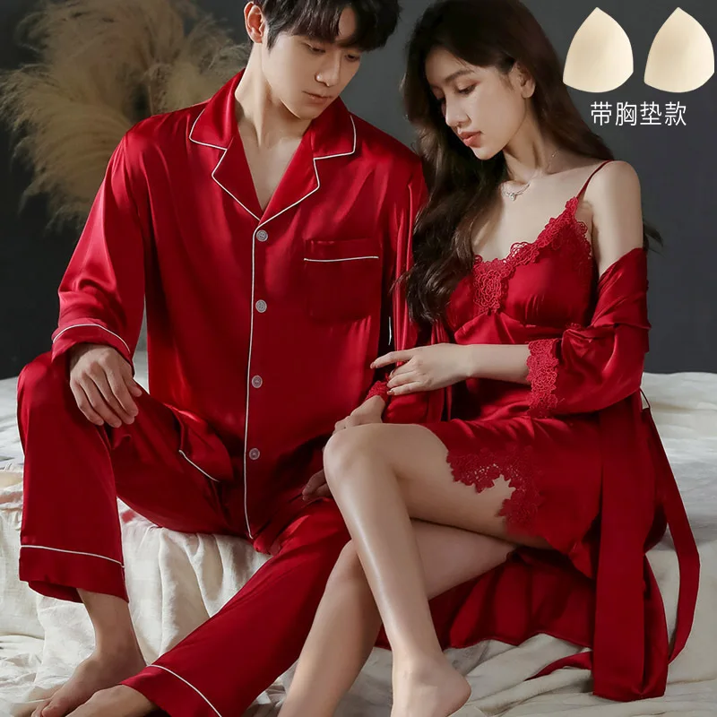 Spring Men Long Sleeve Shirt Pants Women Robe Nightdress Set Sleepwear Suit Burgundy Couples Rayon Satin Wedding Homewear