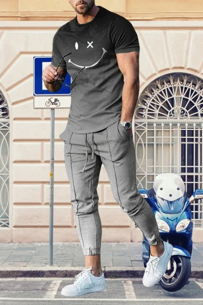 

2025 New Fashion Men's 3D Printed Men's Crew Neck Short Sleeve Pants Set Breathable Quick Drying Casual Sports Outdoor Men's Set