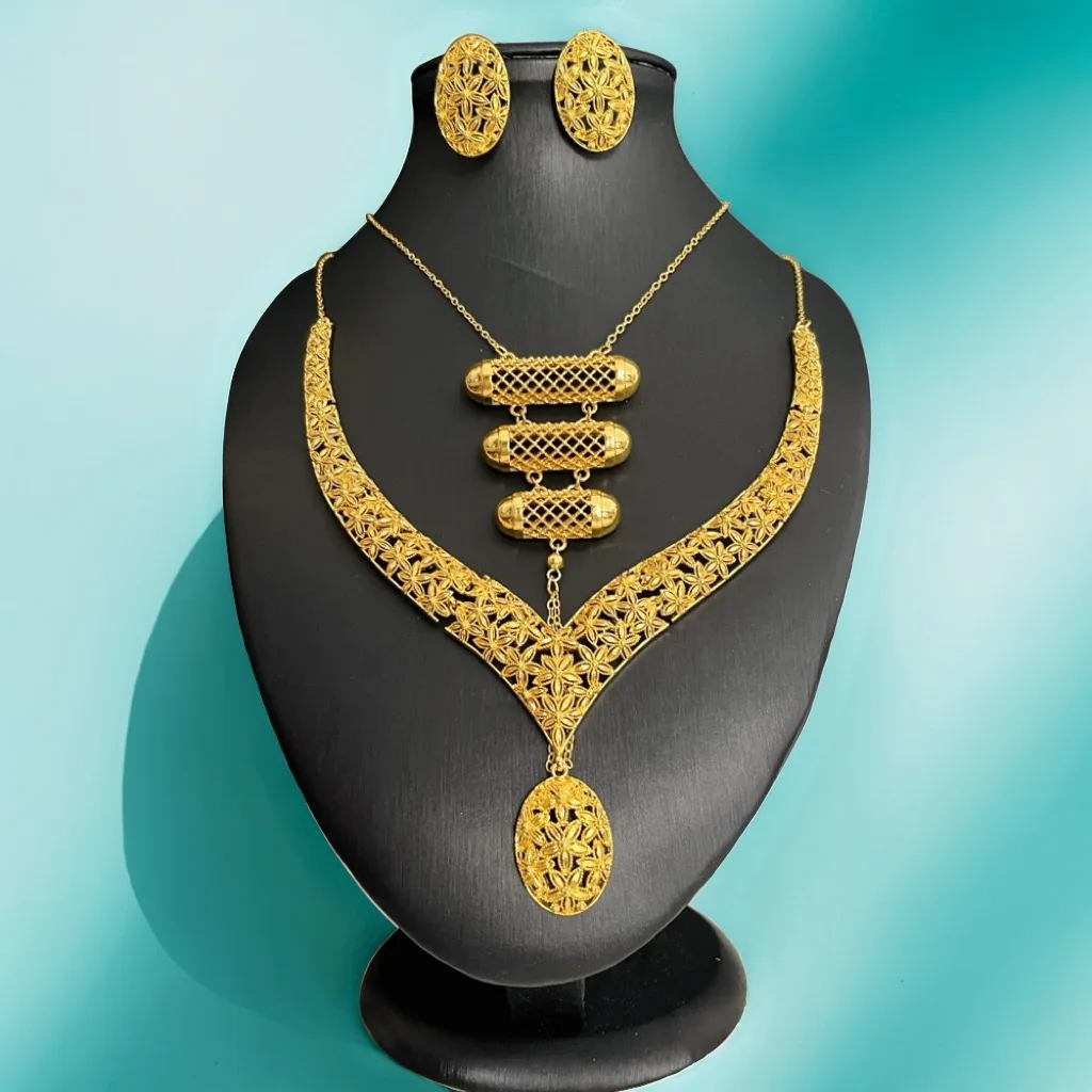 4 قطعة مجموعة مجوهرات النيجيرية مجوهرات الزفاف للنساء دبي 24K الذهب اللون مجوهرات الأفريقية مصمم أقراط قلادة الزفاف