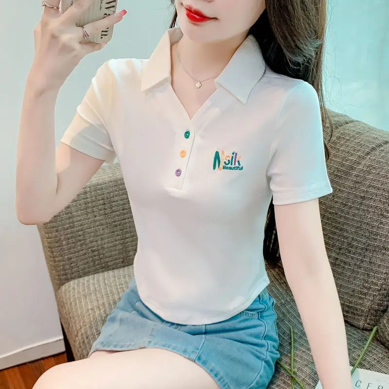 Kawaii Clothes Short Sleeve Women's Summer 2023 New Polo Collar Beautiful Embroidered T-shirt Unique Niche Fashion Crop Tops