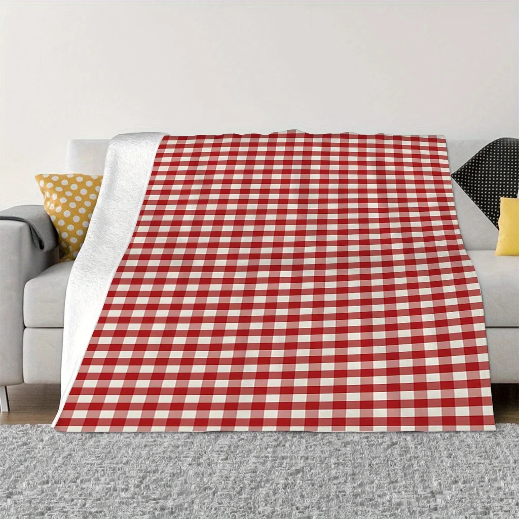 1pc Fluffy Throw Blanket, 2D Flat Red White Gingham Plaid Print, Warm Blanket for Sofa Bedroom, Camping Decor Gift