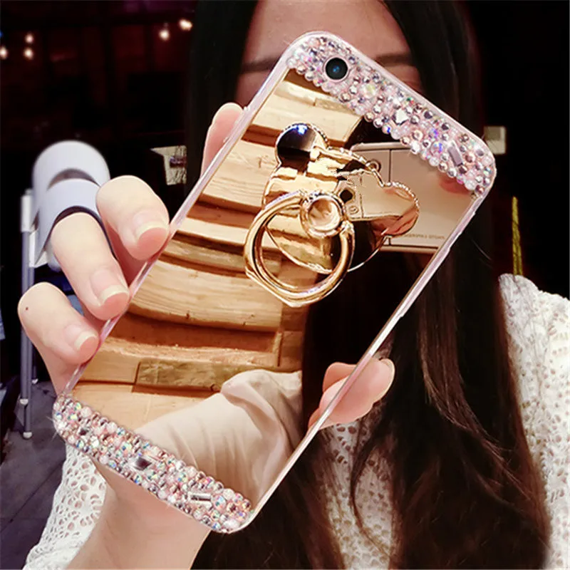Fancy Diamond Bear Crystal Stone Finger Ring Stand Mirror Phone Case For iphone 15 Por 13 14 12 11 Pro Max X XS Max XR 7 8 Plus