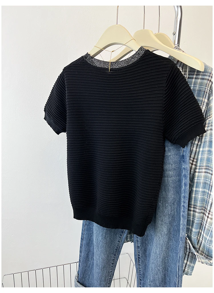 Camisola feminina topos 2025 verão flor miçangas manga curta o pescoço malhas camisetas moda coreana elegante senhoras jumpers
