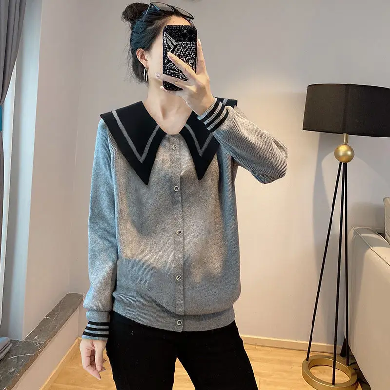 Grey doll collar pullover for women casual sweaters European products autumn 2023 casual long sleeve pullover sweater female