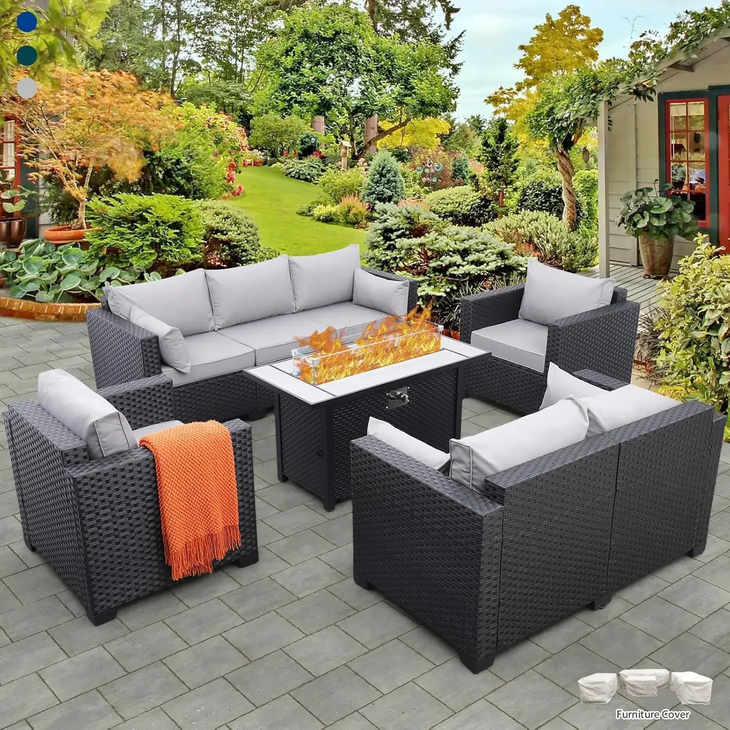 

Rattaner 5 Pcs Outdoor Patio Furniture Set 45" Fire Pit Couch Chairs 60000 BTU Steel Propane No-Slip Cushions Waterproof Covers