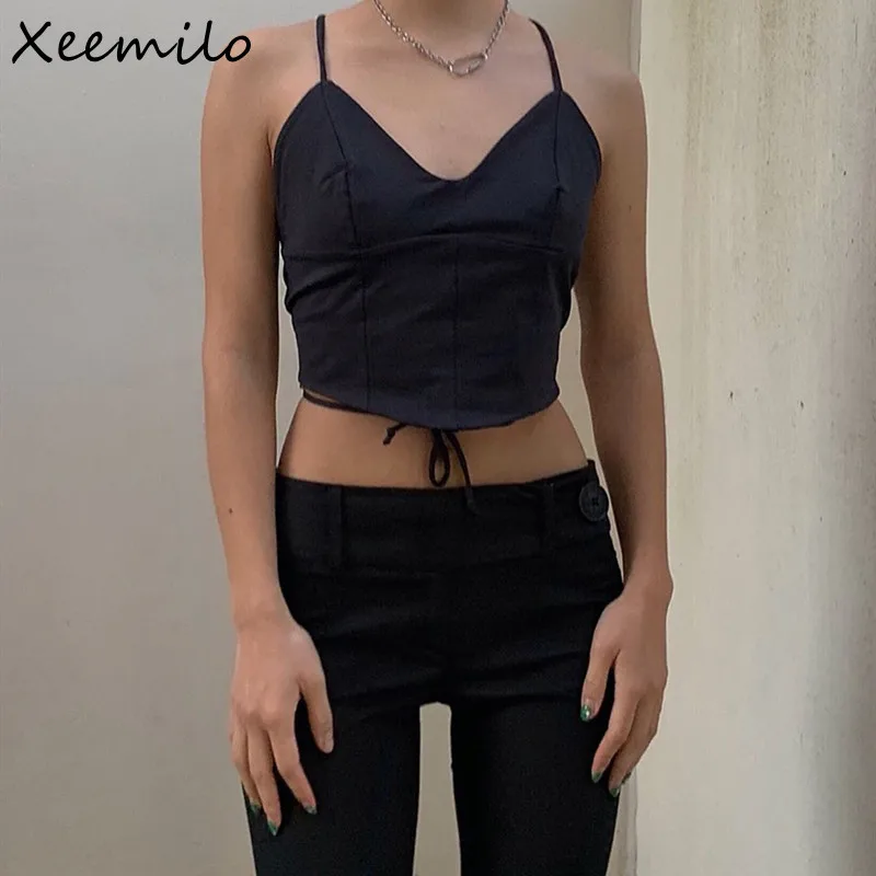 

Xeemilo Sexy Backless Halter Crop Top Crossing Bandage Women Sleeveless Skinny Tank Tops Y2K Street Punk Summer Camis 2022 New