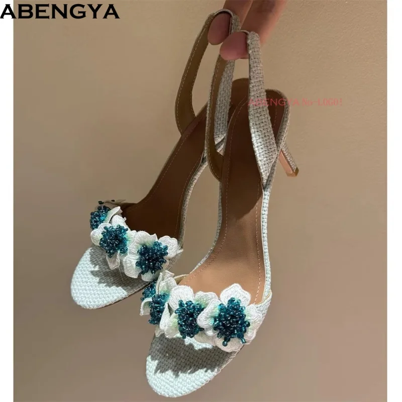Summer Flower Decor High Heels Sandals Women Sexy Party Shoes For Woman Back Strap Linen Women's Modern Sandalias Mujer