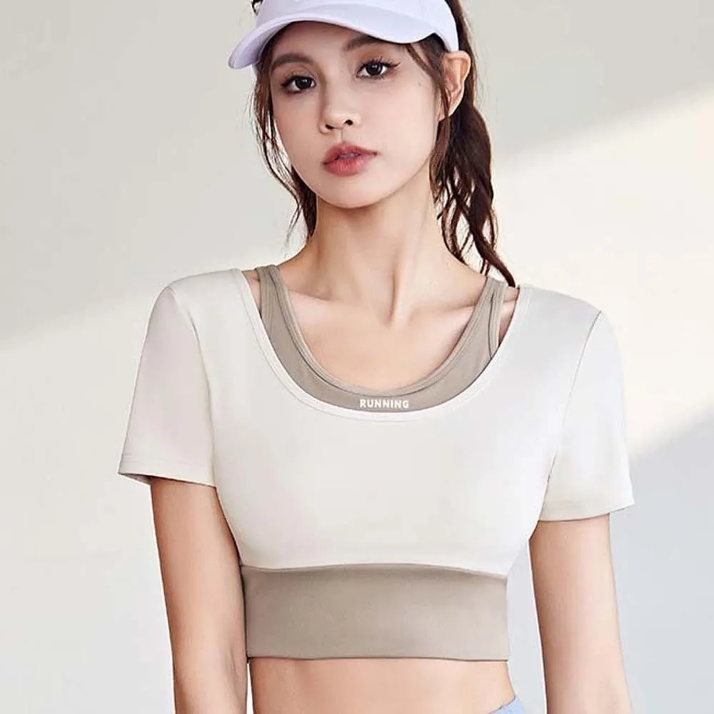 Combined in One Sports Top with Bra Tight Breathable Yoga T-shirt Fake Two-piece Contrast Color Plus Size Short Top