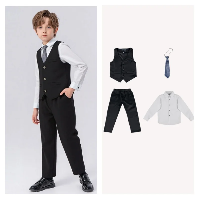 Gentleman Kids Spring Autumn Vest Set Flower Boys Wedding Suit Set Children's Piano Host Speech Performance Costume