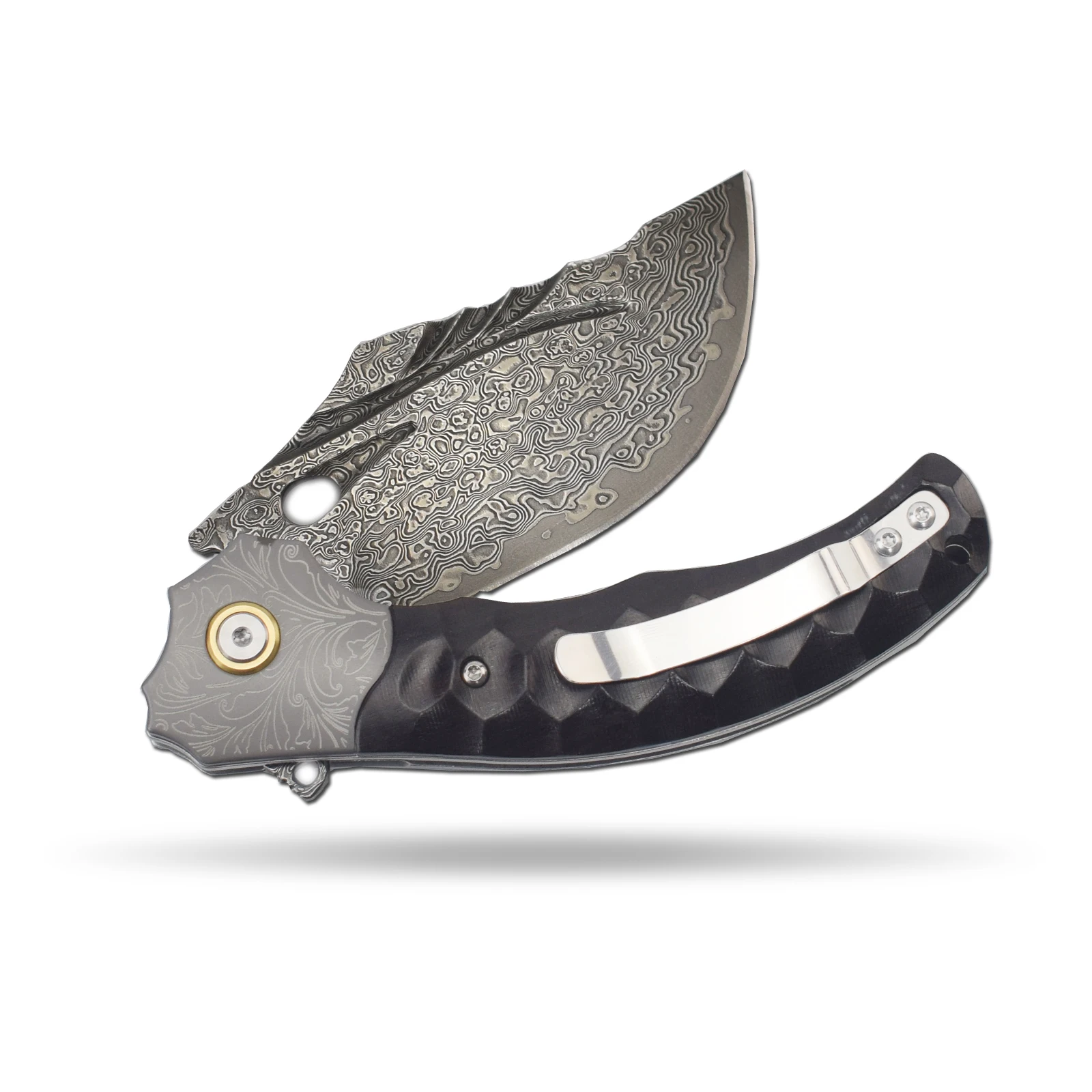 Lâmina dobrável artesanal de aço damasco, utilitário de sobrevivência para acampamento ao ar livre, ferramentas edc, facas dobráveis de bolso, ébano cnc + alça de aço