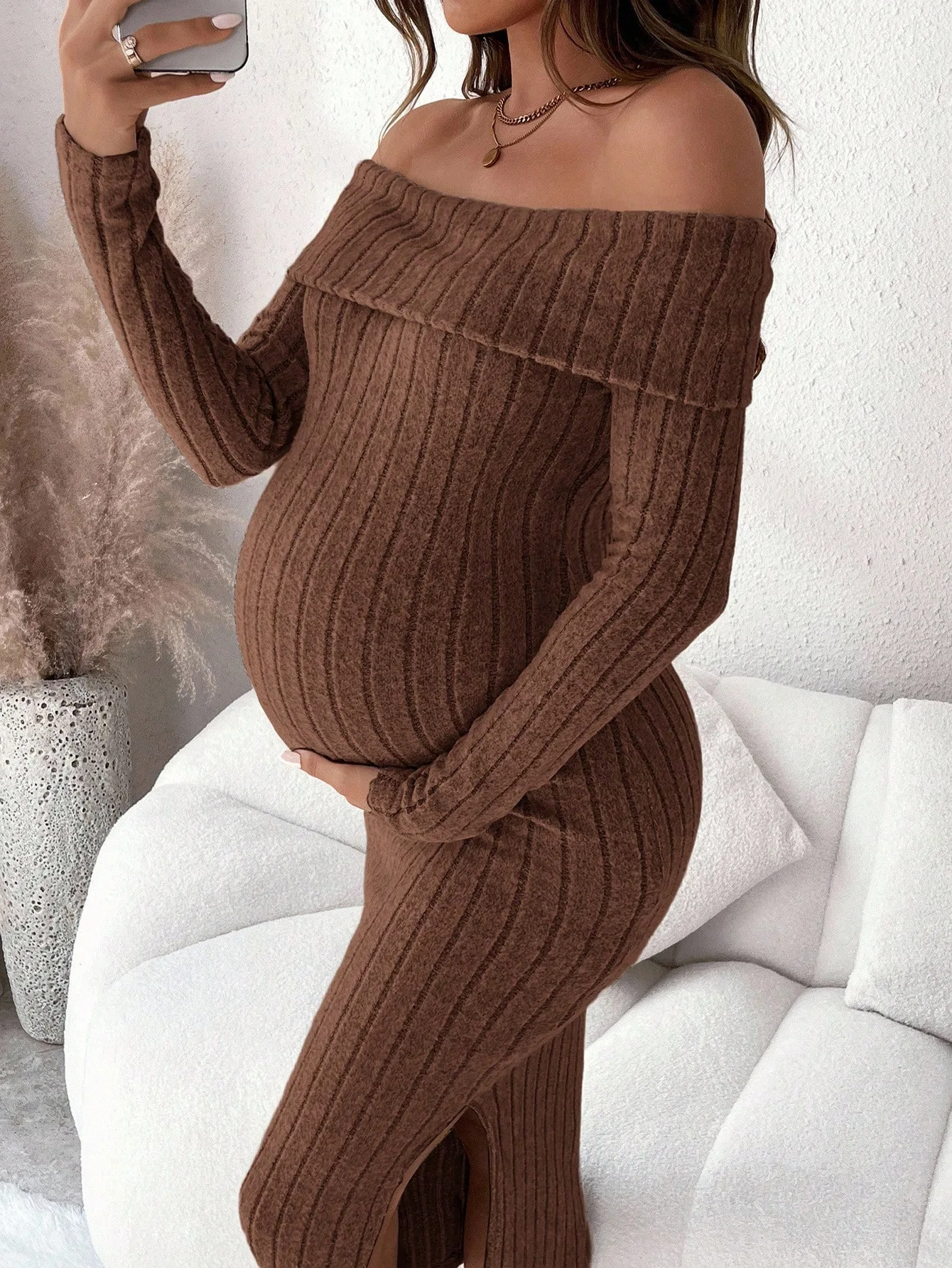 

Long Sleeve Women Maternity Knitwear Sweater Dresses 2026 Autumn Winter Fashion Shoulderless Party Dress Young Pregnant Clothes