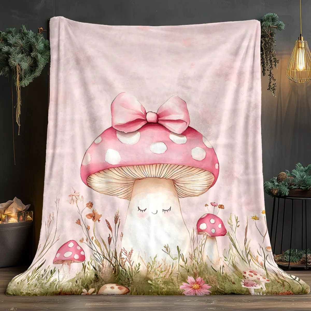Cute mushroom with pink bow polka dots forest flowers soft flannel blanket cartoon fairy tale design kids room decorthrowblanket