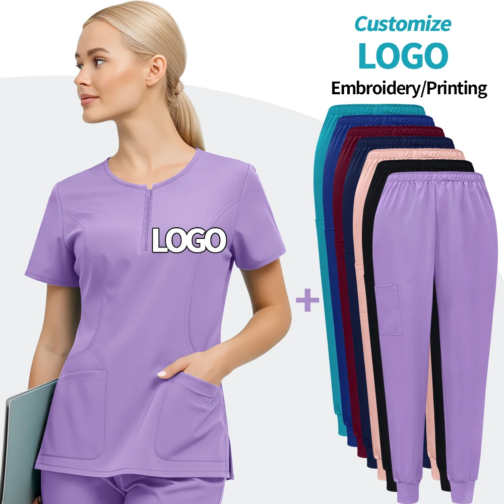 Custom Logo Uniform Beauty Workwear Woman Work Clothes Health Service Nursing Uniforms Hospital Medical Scrubs Tops+Pants Suit