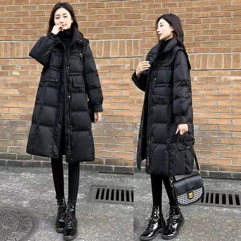 2023 Winter Down Cotton Coat Women's Long Slim Fit Waist Wrapped Black Parker Coat Thickened Coat Women's Navy Neck Coat Puffer