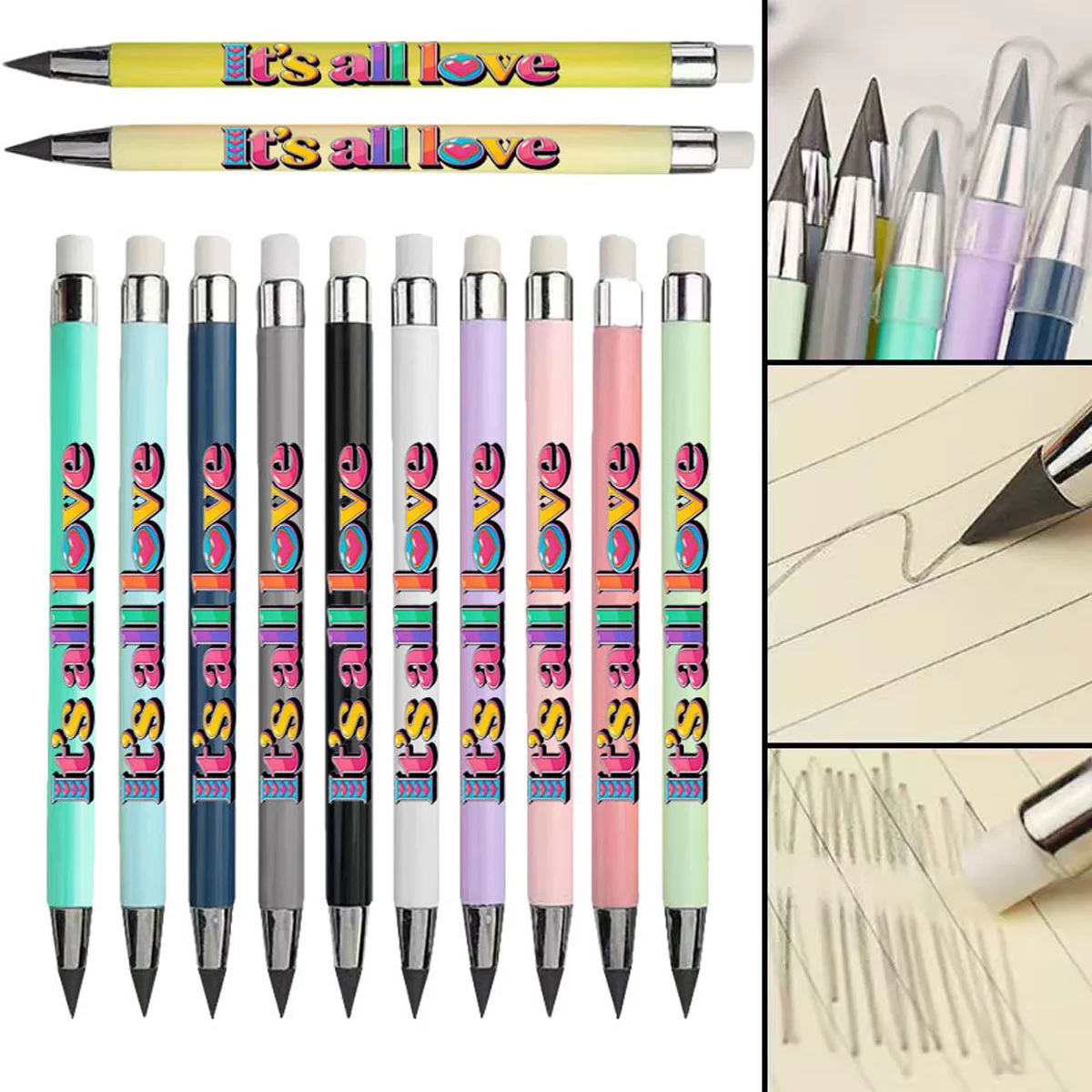 

12pcs are eternal pencils with love patterns. macaroon is not easy to break pencils. Students sketch pencils