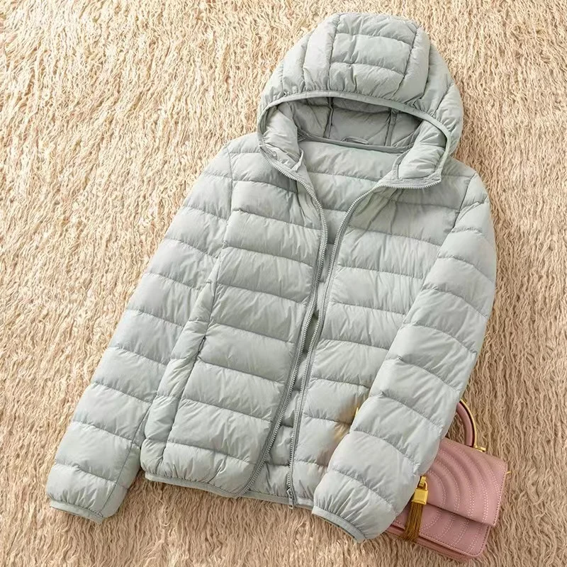 Chaqueta de plumón de pato blanco para mujer, abrigo ultraligero con capucha de doble cara portátil, Parkas cálidas de invierno, 90%