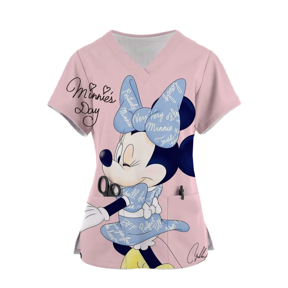 

Miniso Tops Mickey T-shirts Nurse Uniform Hospital Pocket Woman Clothes V Neck Disney Top Women 2024 Minnie Mouse Tees Women's